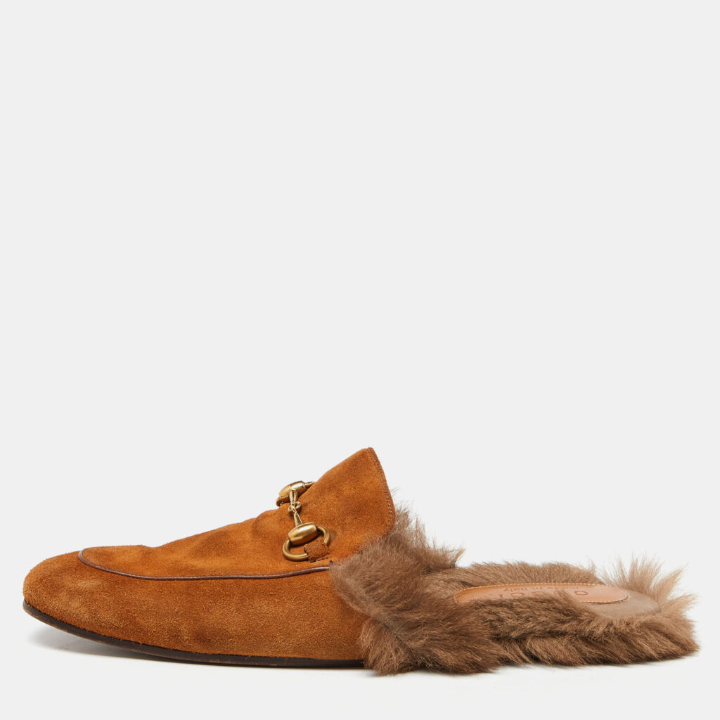 luxury-men-gucci-used-shoes-p910473-010 Gucci Brown Suede and Fur Lined Princetown Flat Mules Size 42