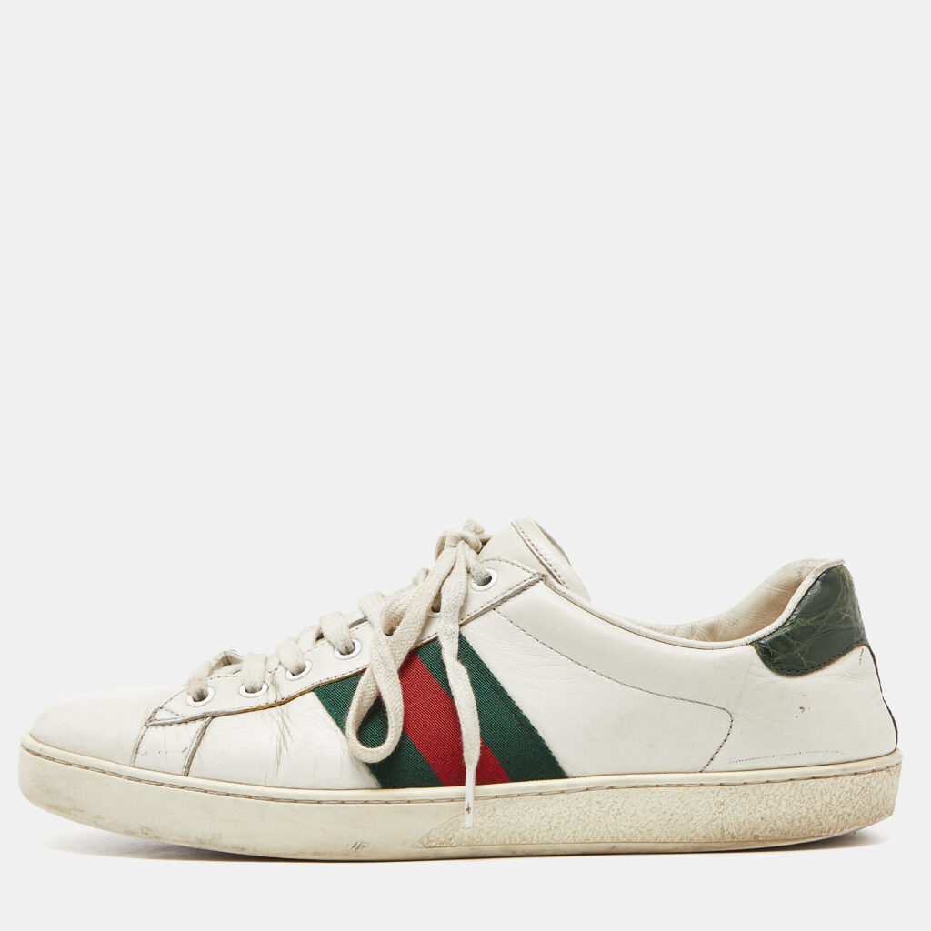 luxury-men-gucci-used-shoes-p923119-001 Gucci White Leather Web Ace Low Top Sneakers Size 42.5