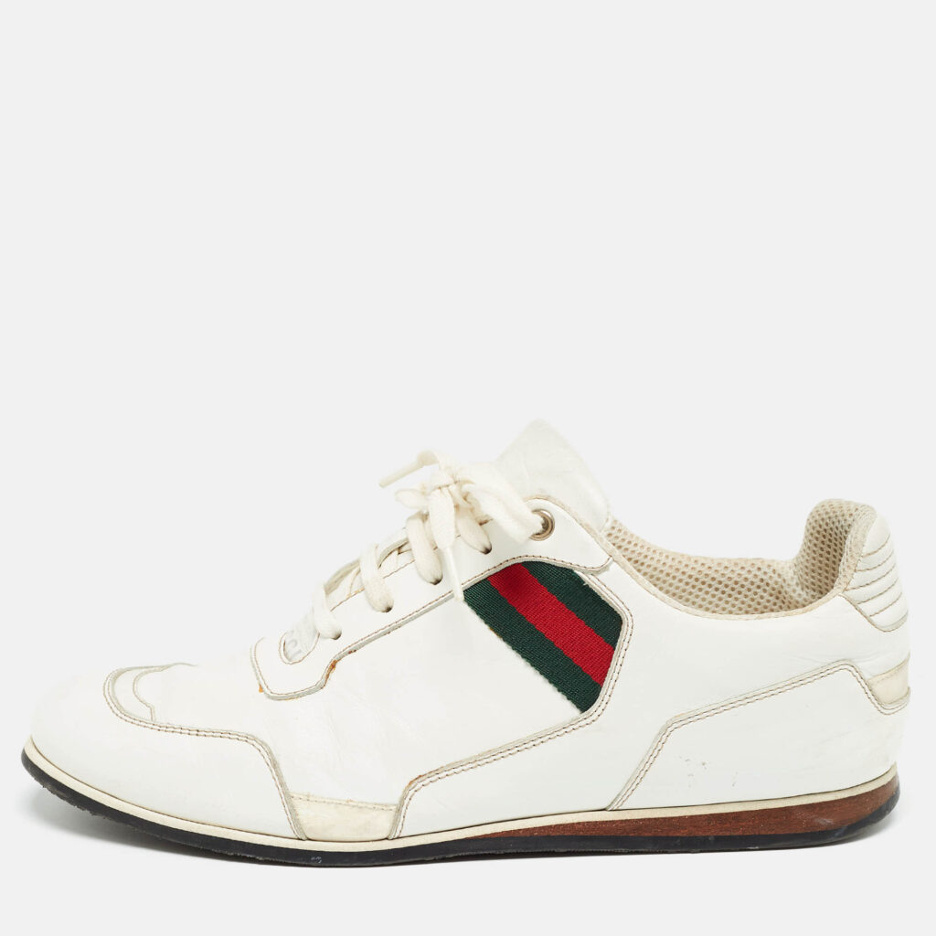 luxury-men-gucci-used-shoes-p961573-010 Gucci White Leather Web Detail Low Top Sneakers Size 41