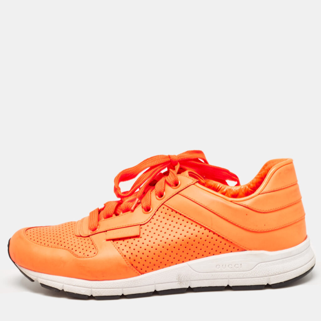 luxury-men-gucci-used-shoes-p962090-001 Gucci Neon Orange Perforated Leather Low Top Sneakers Size 40.5