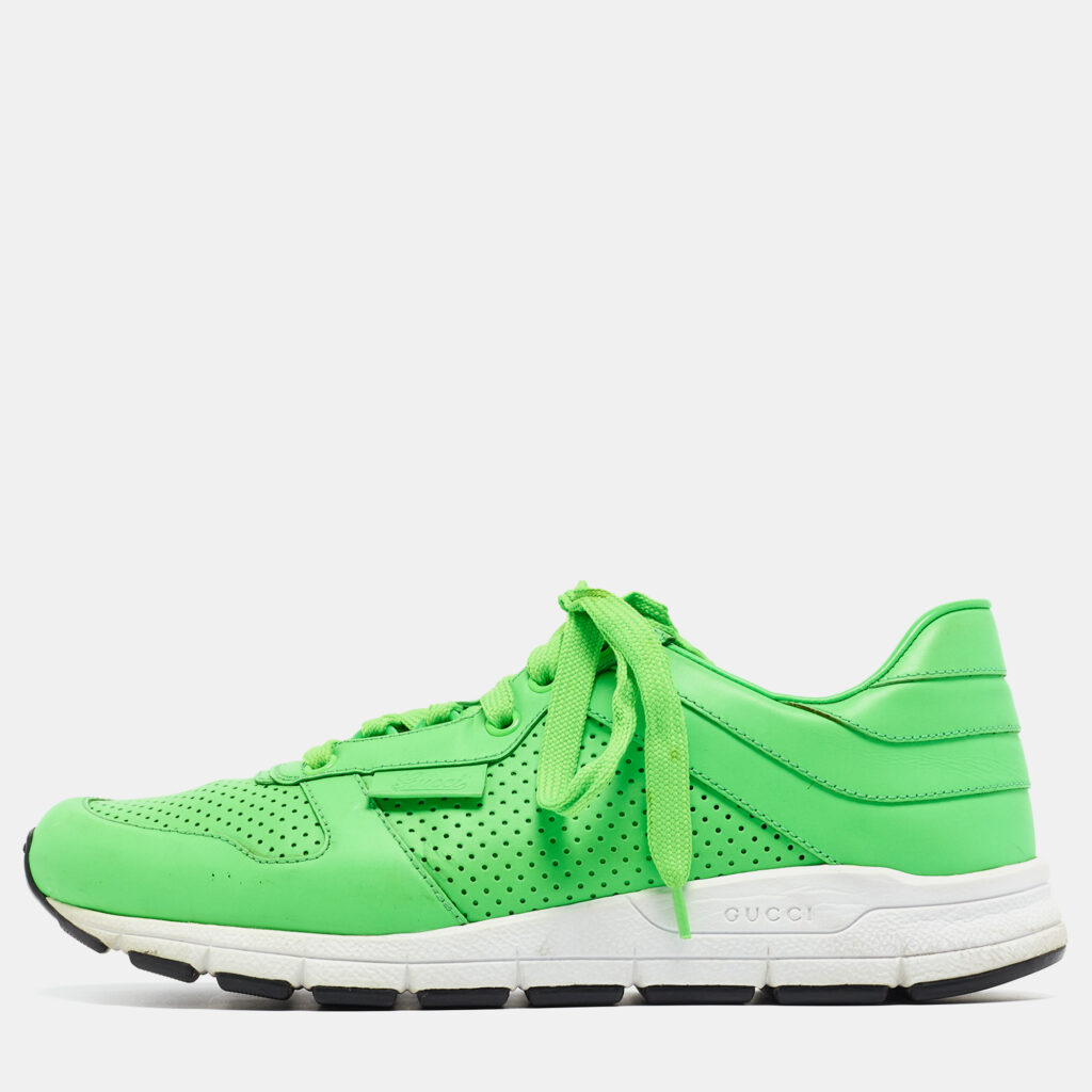 luxury-men-gucci-used-shoes-p962612-001 Gucci Neon Green Perforated Leather Low Top Sneakers Size 40.5