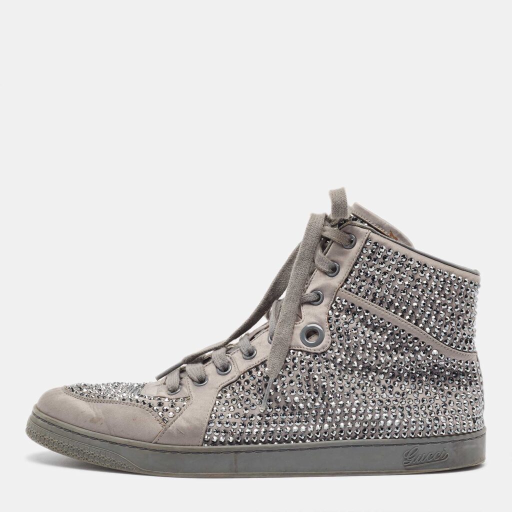 luxury-men-gucci-used-shoes-p962781-004 Gucci Grey Satin Crystal Embellished Coda High Top Sneakers Size 42