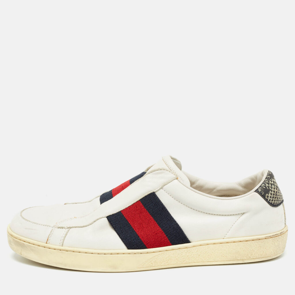 luxury-men-gucci-used-shoes-p963367-010 Gucci White Leather Web Ace Slip On Sneakers Size 40.5