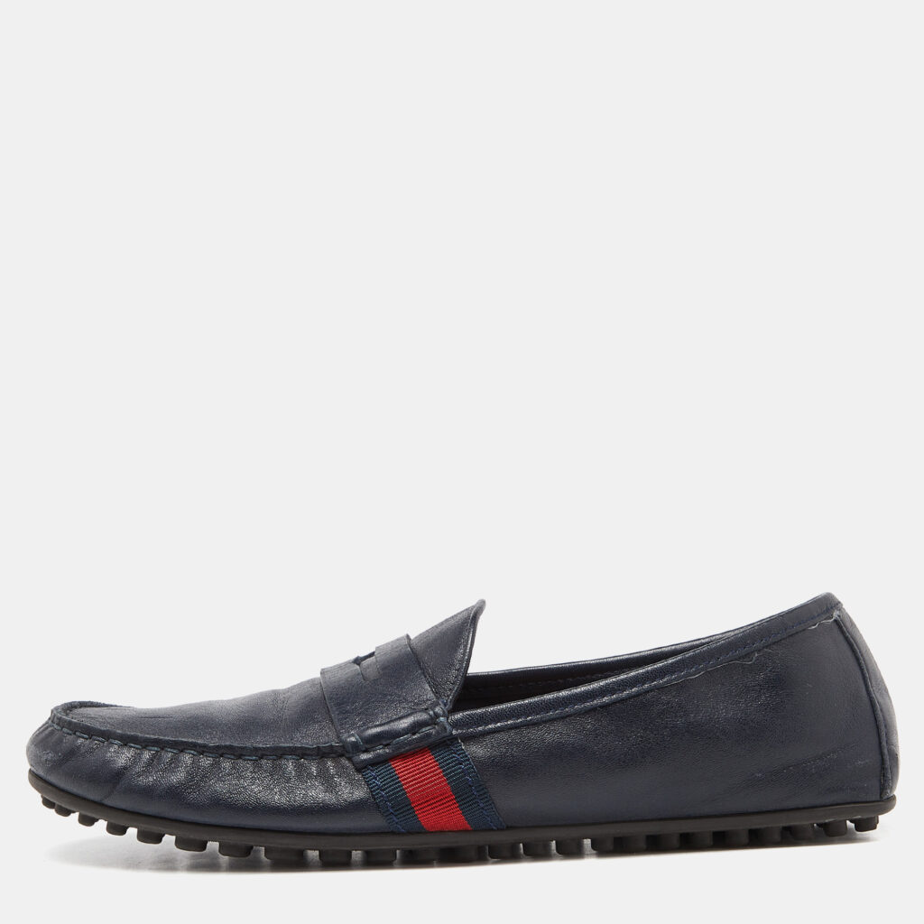 luxury-men-gucci-used-shoes-p969498-001 Gucci Blue Leather Web Accent Penny Slip On Loafers Size 41