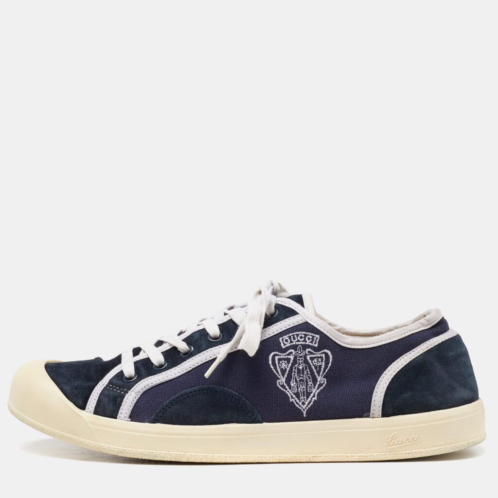 luxury-men-gucci-used-shoes-p974517-010 Gucci Navy Blue Canvas and Suede Signature Crest Sneakers Size 42
