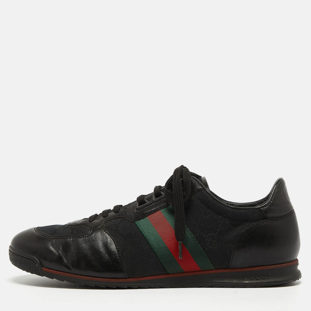 luxury-men-gucci-used-shoes-p977298-010 Gucci Black Leather and GG Canvas Web Low Top Sneakers Size 44.5