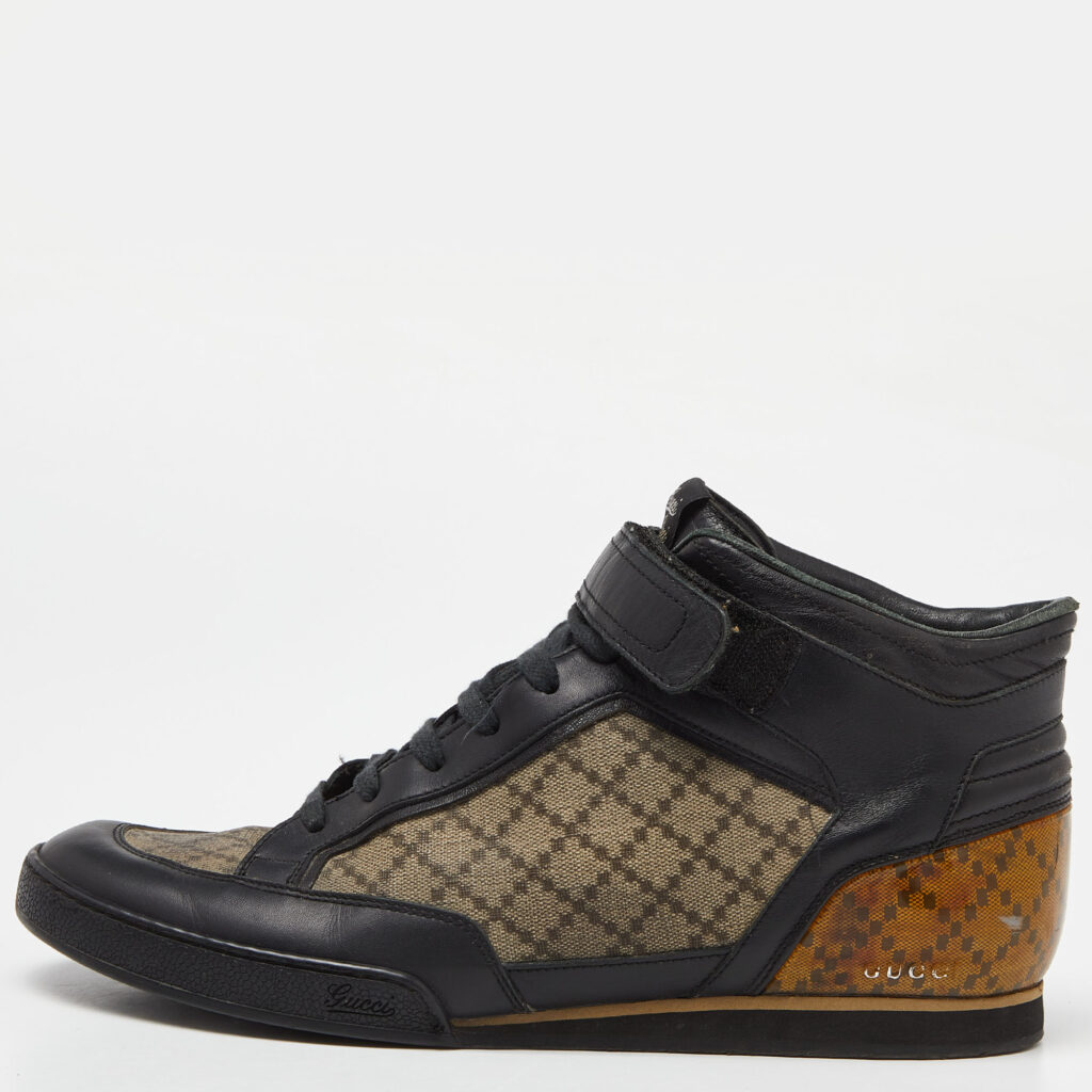 luxury-men-gucci-used-shoes-p991810-008 Gucci Black/Beige Leather and Diamante Canvas High Top Sneakers Size 42