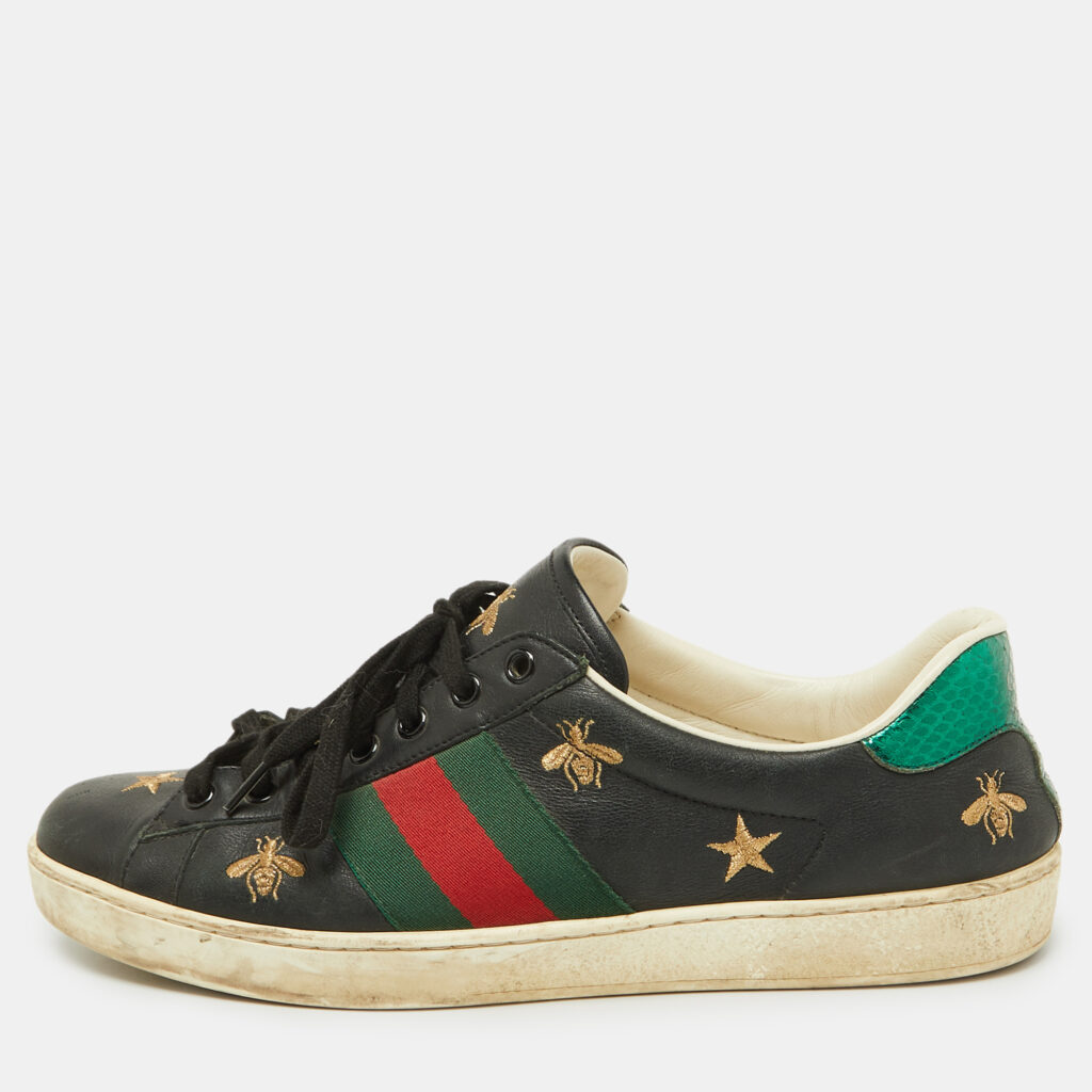 luxury-men-gucci-used-shoes-p994200-009 Gucci Black Bee & Star Embroidered Leather Ace Low Top Sneakers Size 42.5