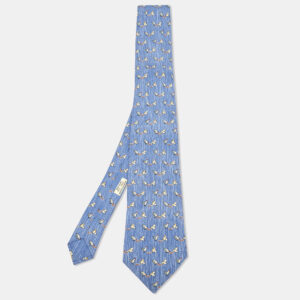Herm&egrave;s Blue Whimsical Chickens Print Silk Classic Tie