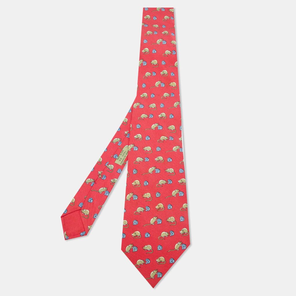 luxury-men-hermes-used-accessories-p1101405-004 Hermès Red Mouse and Cheese Print Silk Classic Tie