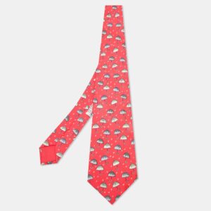 Herm&egrave;s Pink Umbrella Print Silk Tie