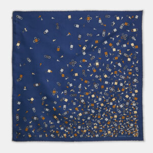 Herm&egrave;s Bleu Silk Twill N'Oublie Pas Tes Cles Pocket Square