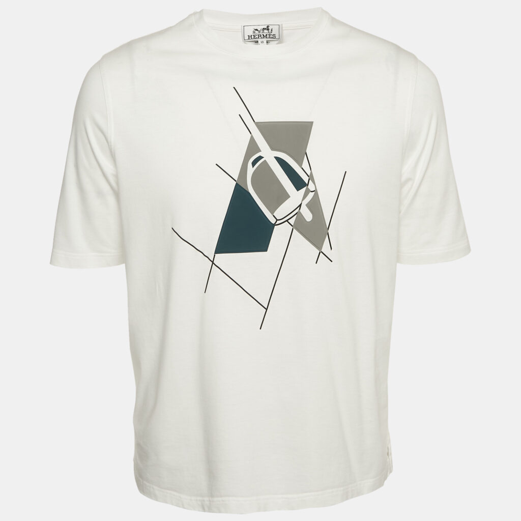 luxury-men-hermes-used-clothes-p1144835-001 Hermès White Printed Jersey Crewneck T-Shirt XS