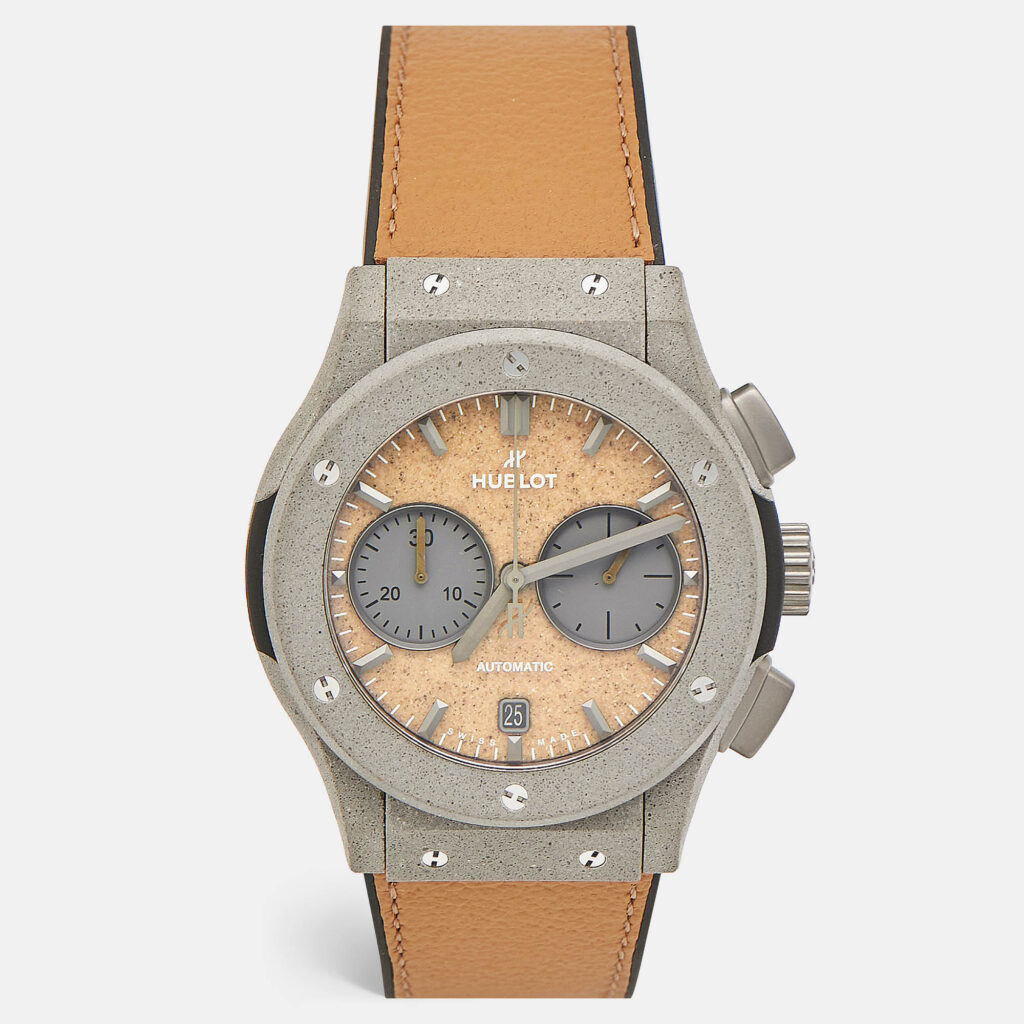luxury-men-hublot-new-watches-p1160255-005 Hublot Tan Dial Grey Concrete Sand Camel Leather Limited Edition Classic Fusion Year of The Fiftieth 521.XC.0570.VR.UAE21 Men's Wristwatch 45 mm