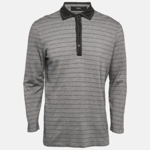 Boss by Hugo Boss Grey Striped Jersey Long Sleeve Polo T-Shirt L