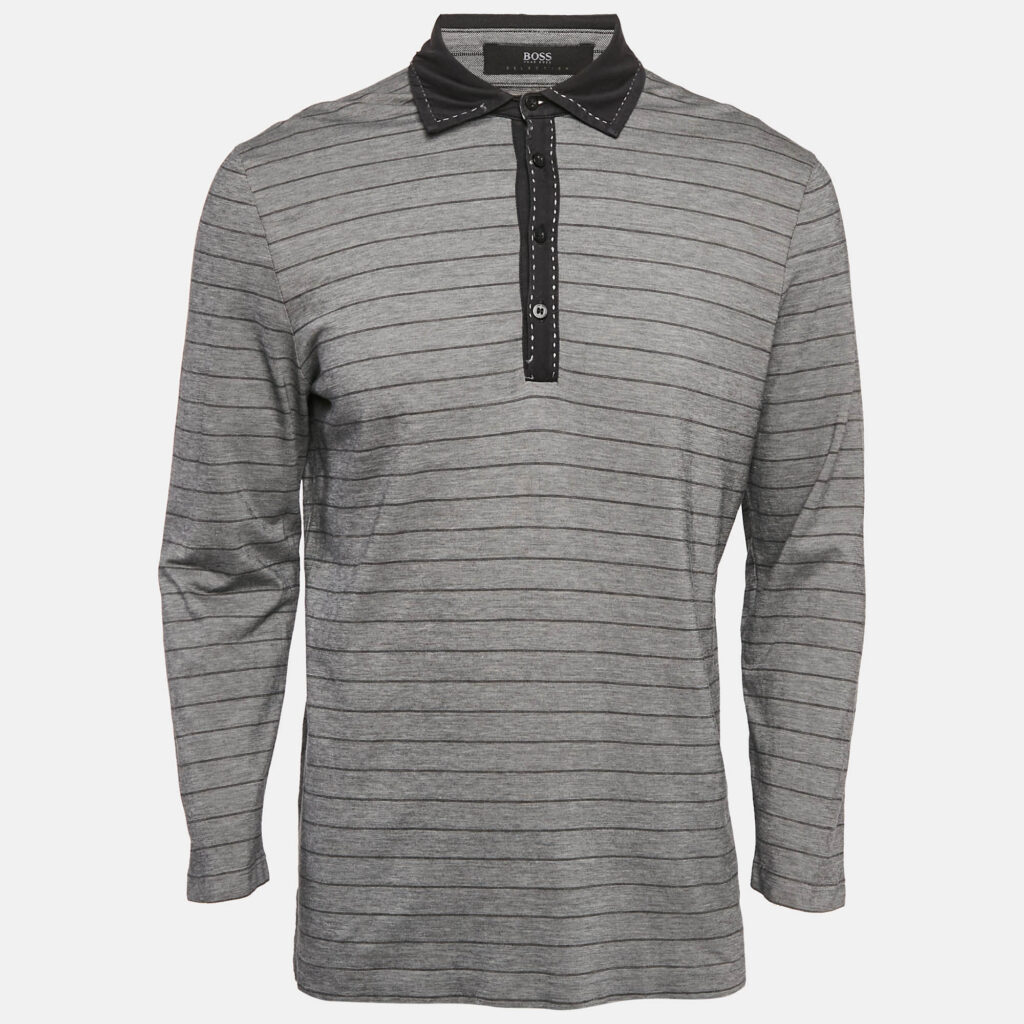 Boss by Hugo Boss Grey Striped Jersey Long Sleeve Polo T-Shirt L