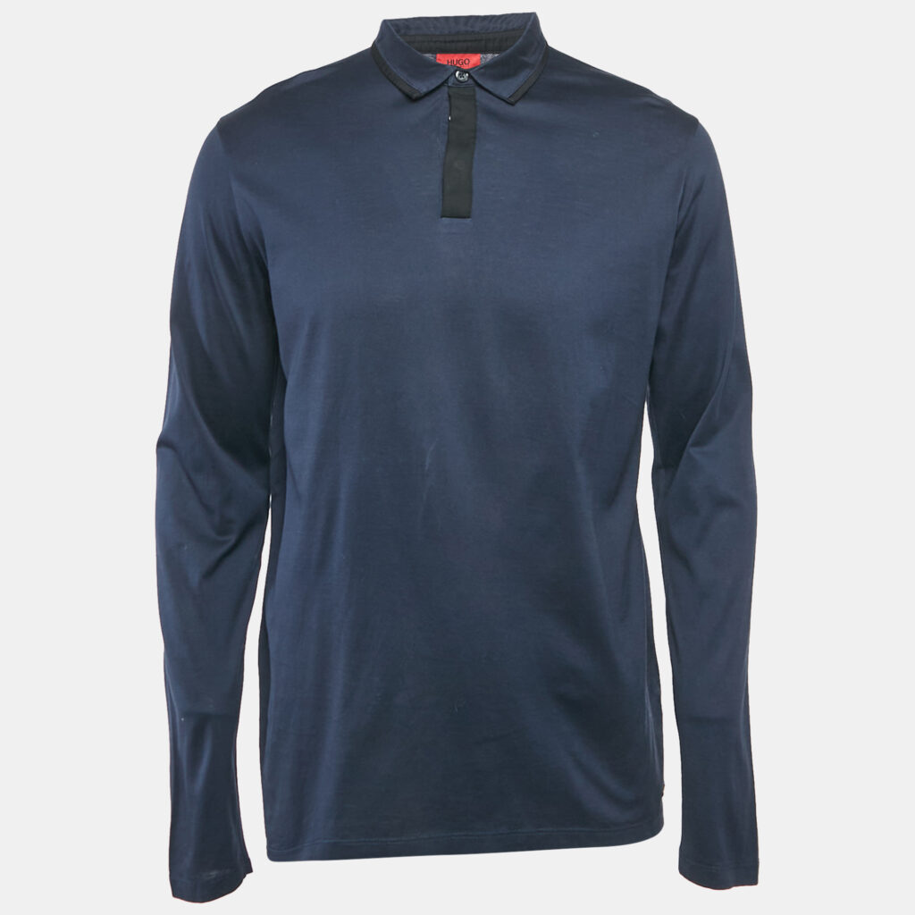 luxury-men-hugo-boss-used-clothes-p1114214-002 Hugo Boss Navy Blue Jersey Long Sleeve Polo T-Shirt L