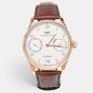 IWC Schaffhausen Silver 18K Rose Gold Alligator Leather Portuguese IW5001-01 Men's Wristwatch 42.30 mm