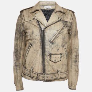 John Elliott X Blackmeans Beige Distress Ivory Paint Leather Riders Jacket XL