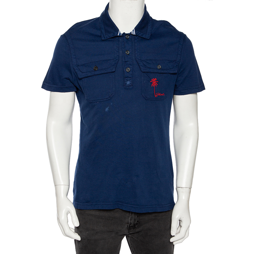 luxury-men-just-cavalli-used-clothes-p490504-010 Just Cavalli Blue Cotton Palm Tree Embroidered Polo T Shirt XL