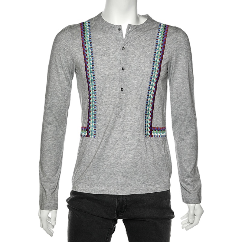 luxury-men-just-cavalli-used-clothes-p562444-1640068128-005-2 Just Cavalli Grey Cotton Embroidered Detailed Long Sleeve T-Shirt M