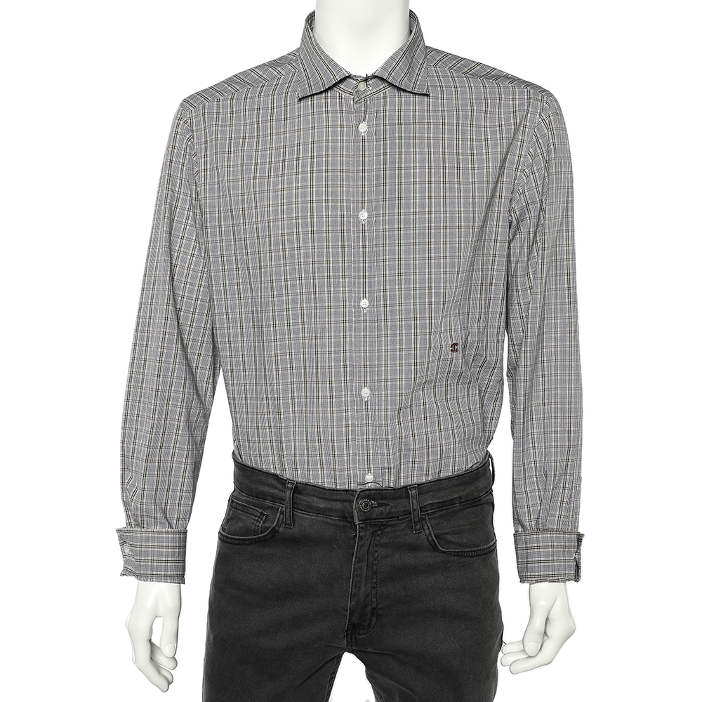 luxury-men-just-cavalli-used-clothes-p597915-007-2 Just Cavalli Grey Checkered Cotton Button Front Shirt 3XL