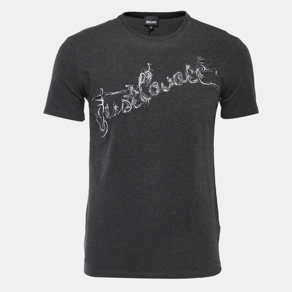luxury-men-just-cavalli-used-clothes-p864169-001 Just Cavalli Grey Logo Print Cotton Crew Neck Half Sleeve T-Shirt M