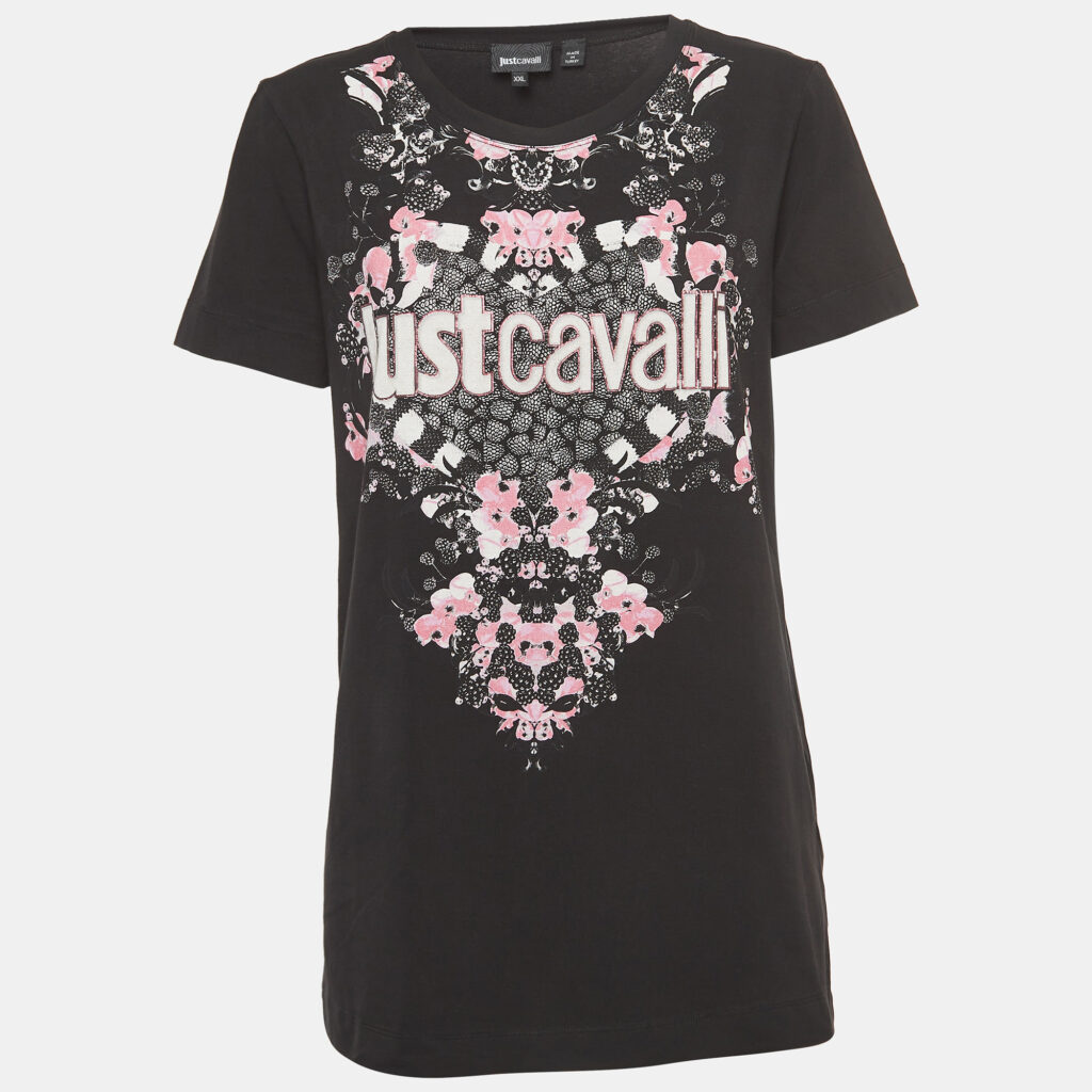 luxury-men-just-cavalli-used-clothes-p912205-003 Just Cavalli Black Logo Print Stretch Cotton Fitted T-Shirt XXL