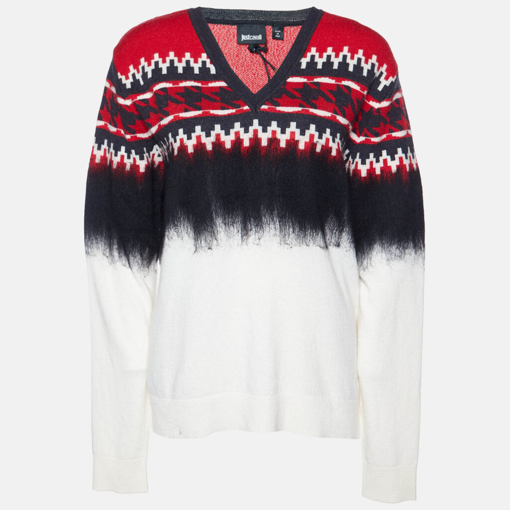 luxury-men-just-cavalli-used-clothes-p982328-003 Just Cavalli Multicolor Patterned Wool and Silk V-Neck Sweater M