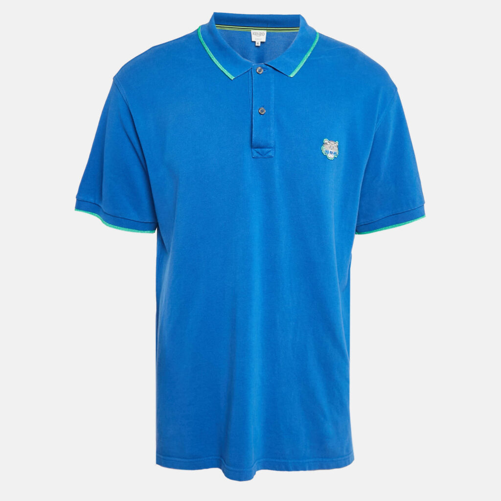 Kenzo Blue Tiger Applique Cotton Pique Polo T-Shirt XL