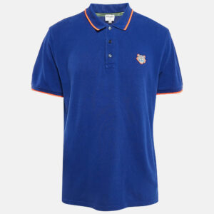 Kenzo Blue Tiger Applique Cotton Pique Polo T-Shirt XL
