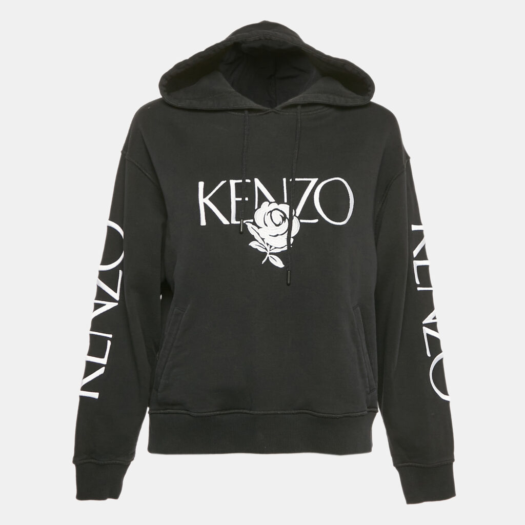 luxury-men-kenzo-used-clothes-p1108164-001 Kenzo Black Floral Logo Embroidery Cotton Hooded Sweatshirt S