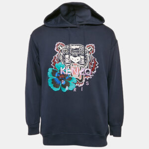 Kenzo Navy Blue Floral Tiger Embroidery Cotton Oversize Hooded Sweatshirt XS