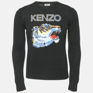 Kenzo Black Tiger Logo Embroidery Wool Blend Knit Sweater XS