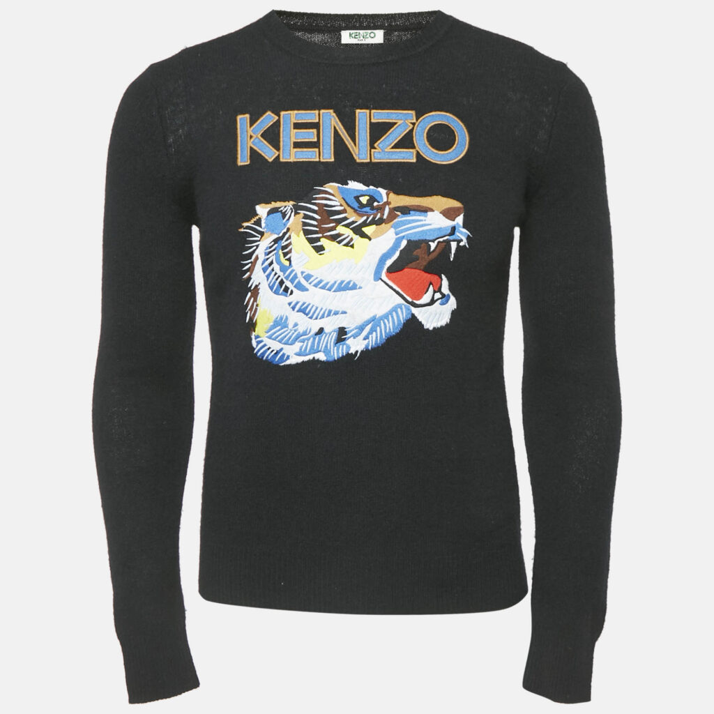 Kenzo Black Tiger Logo Embroidery Wool Blend Knit Sweater XS