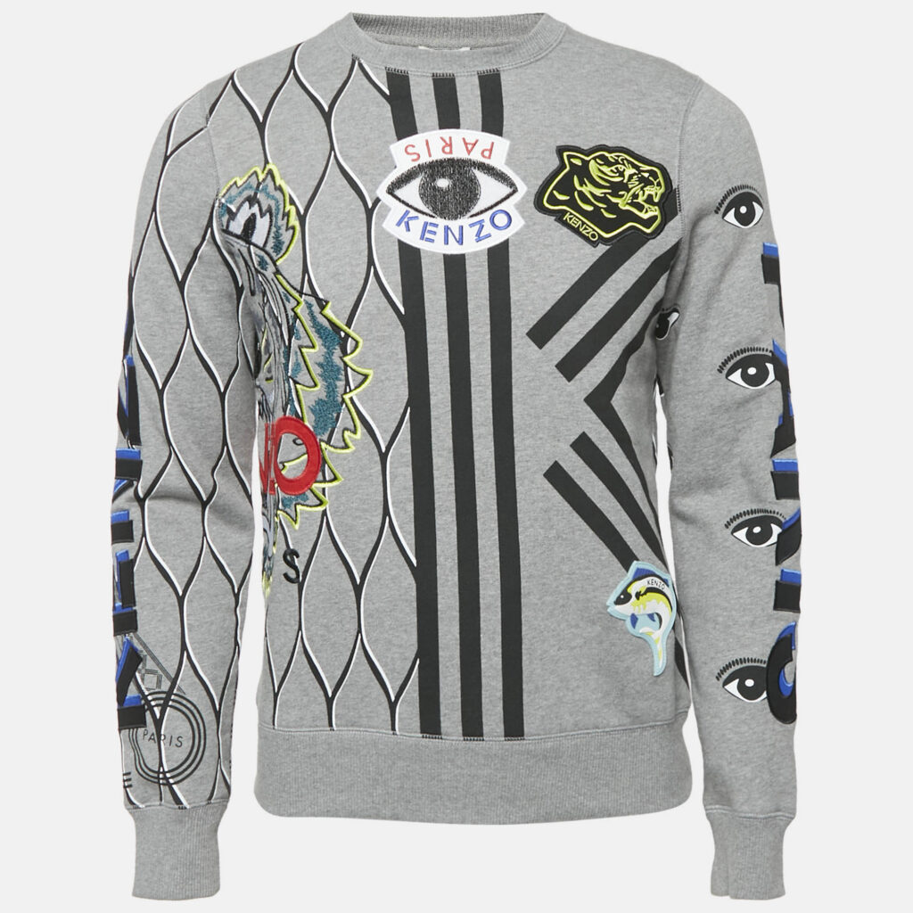 Kenzo Grey Embroidered Cotton Applique Detail Sweatshirt XS