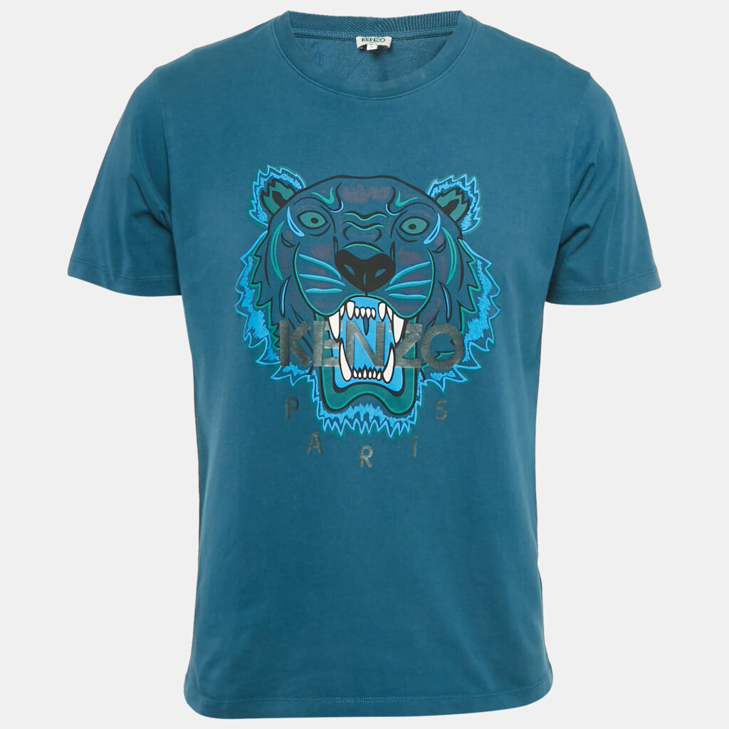 Kenzo Teal Blue Tiger Print Jersey Crewneck T-Shirt L
