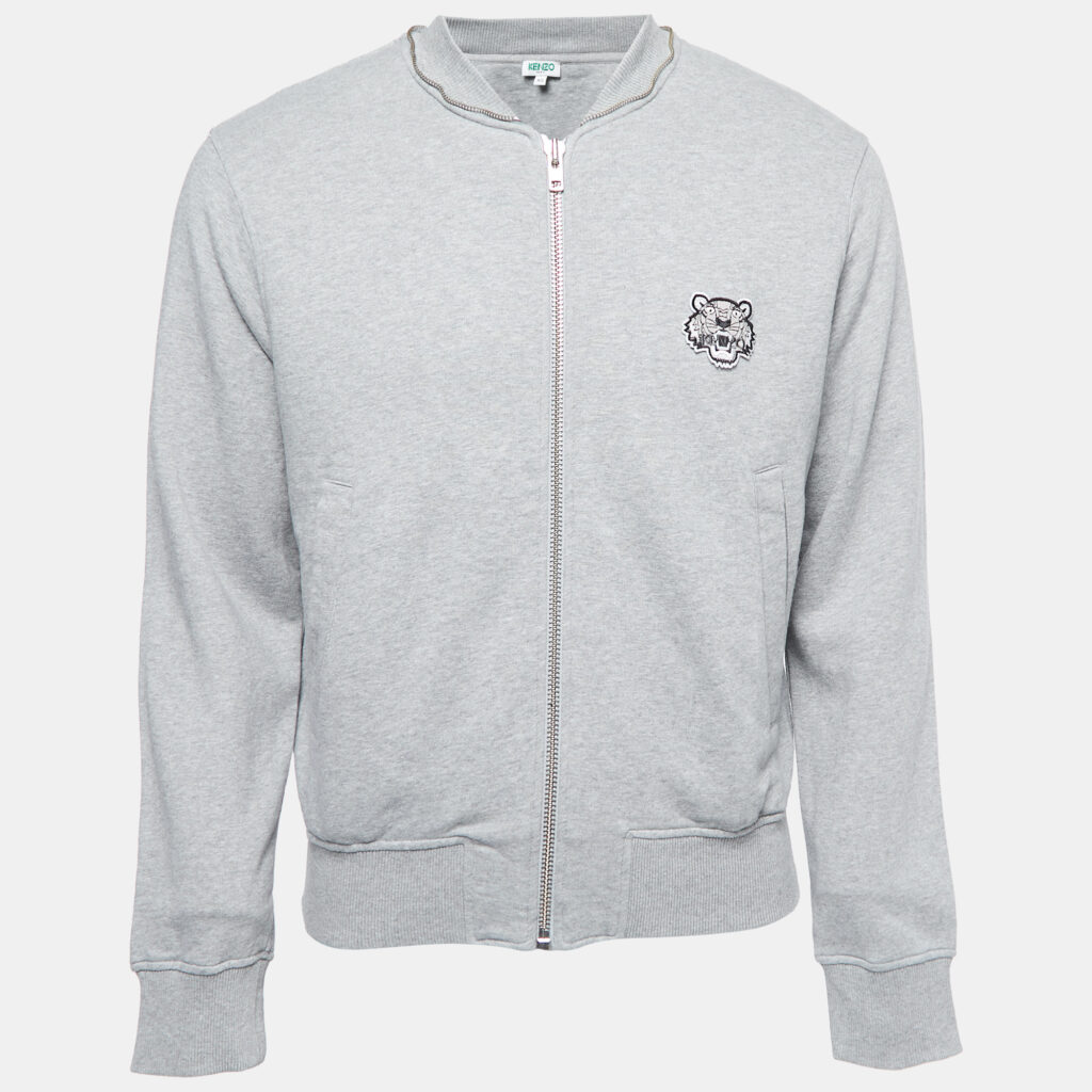 luxury-men-kenzo-used-clothes-p841213-001 Kenzo Grey Logo Patch Cotton Zip Front Hooded Jacket XS