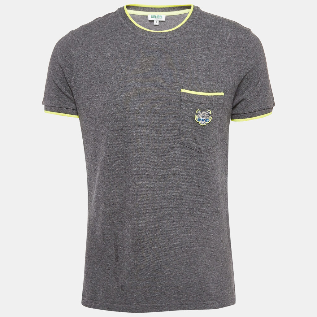 luxury-men-kenzo-used-clothes-p940915-002 Kenzo Grey/Neon Yellow Cotton Pique Pocket Detail Round Neck T-Shirt S