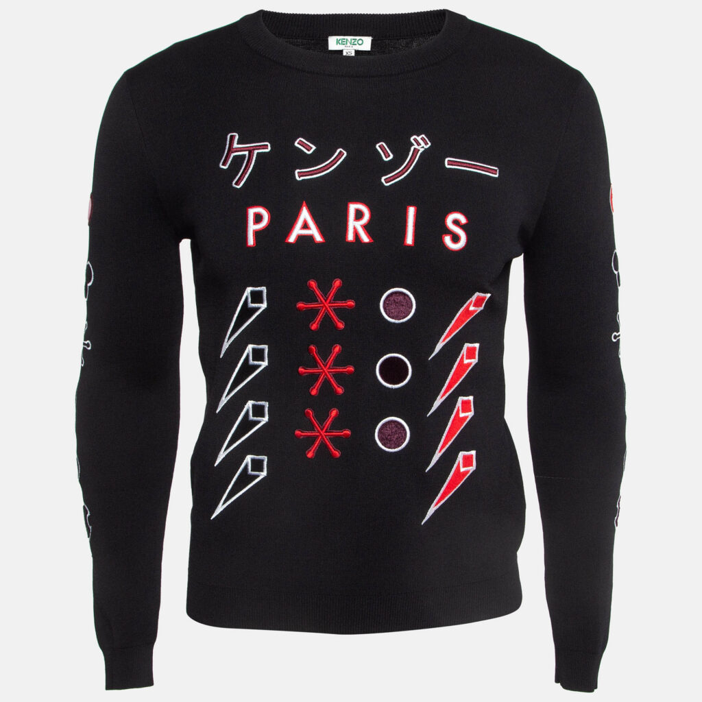 luxury-men-kenzo-used-clothes-p958352-001 Kenzo Black Embroidered Knit Crew Neck Sweatshirt XS