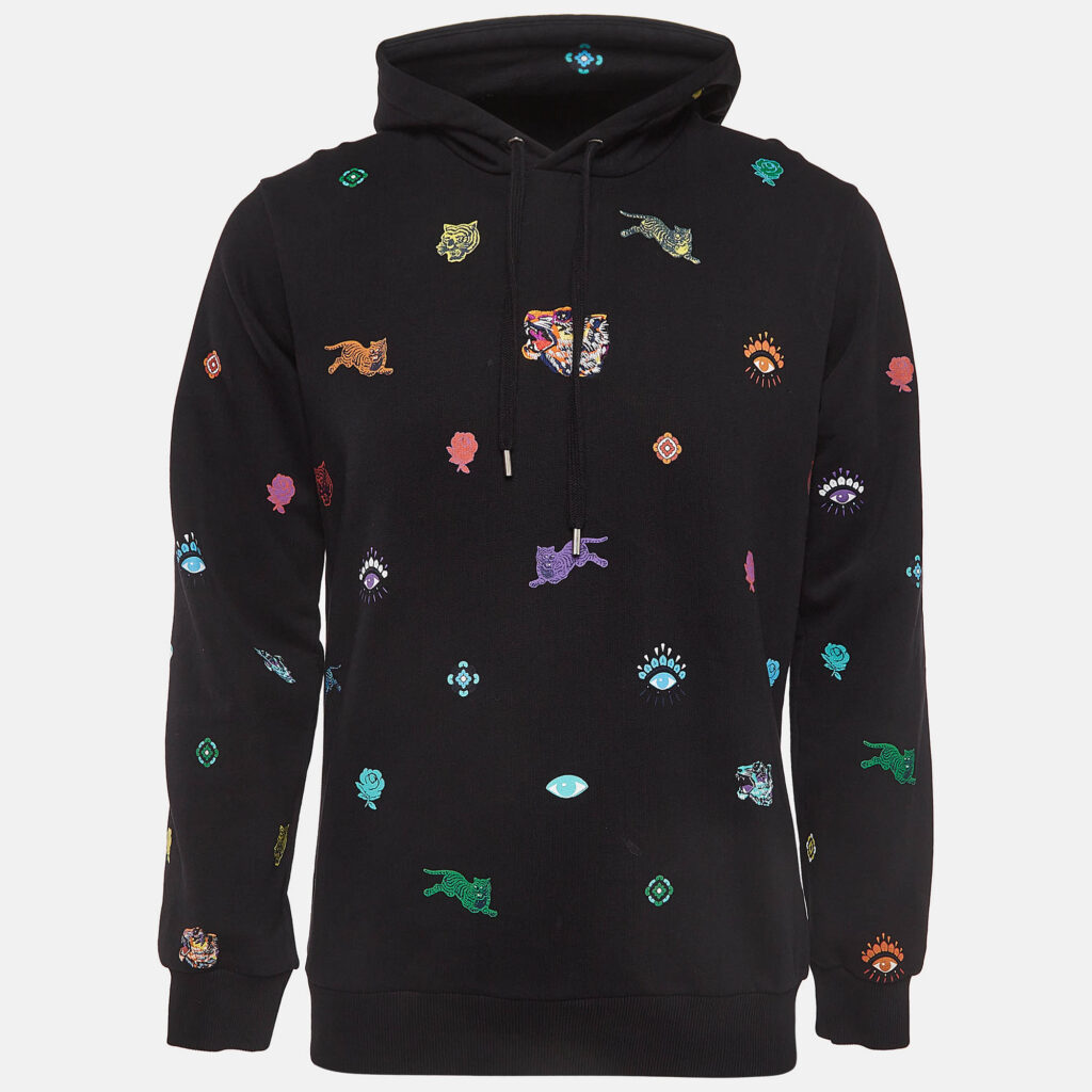 luxury-men-kenzo-used-clothes-p986177-001 Kenzo Black All Over Print Cotton Long Sleeve Hoodie S