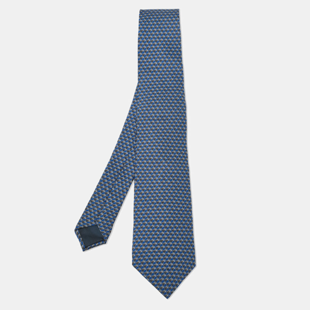 luxury-men-lanvin-used-accessories-p1041540-002 Lanvin Blue Geometric Arrow Print Silk Tie