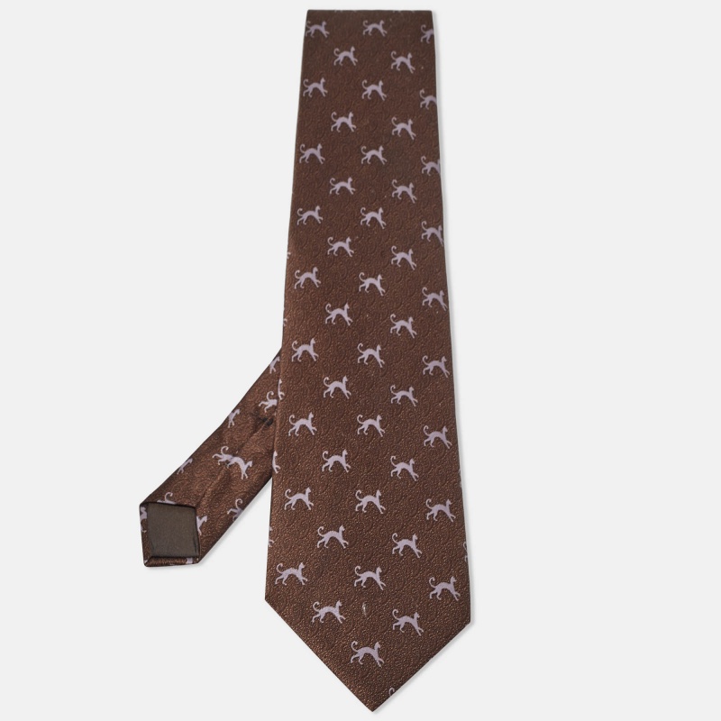 Lanvin Brown Cat Print Satin Silk Traditional Tie