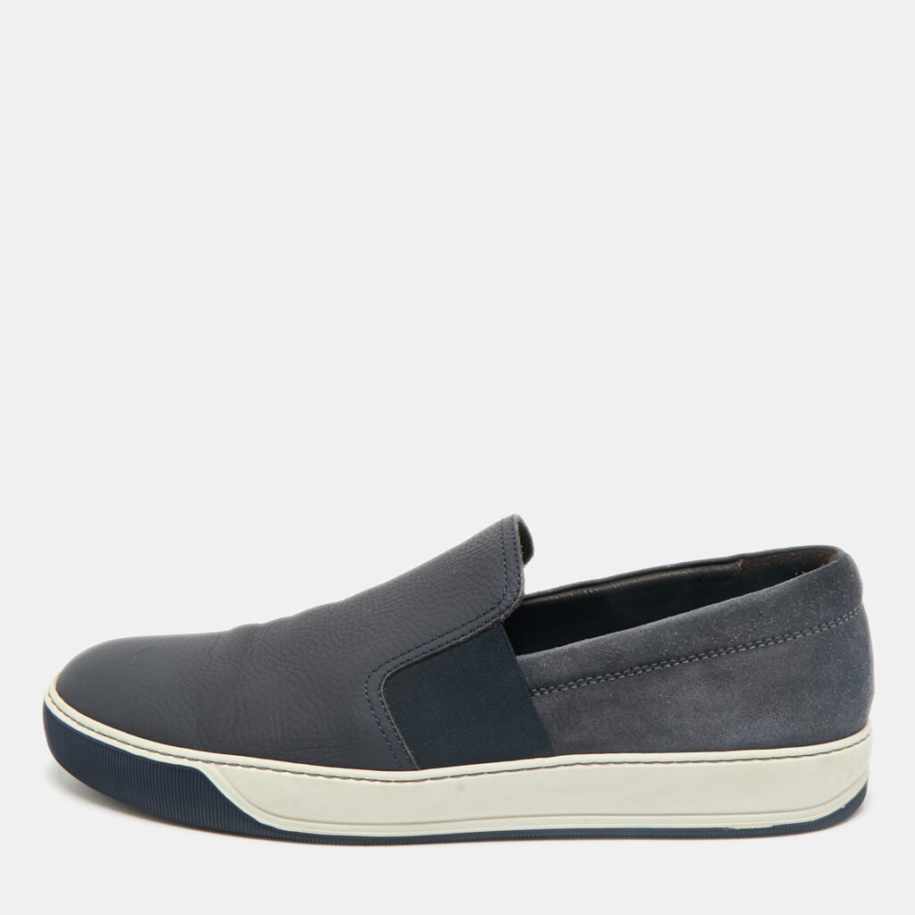 luxury-men-lanvin-used-shoes-p1156160-001 Lanvin Navy Blue Leather and Suede Slip On Sneakers Size 45