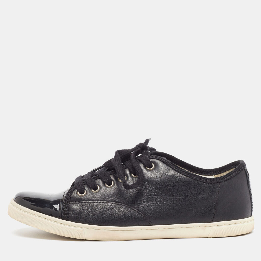 luxury-men-lanvin-used-shoes-p949038-010 Lanvin Black Patent and Leather Low Top Sneakers Size 40