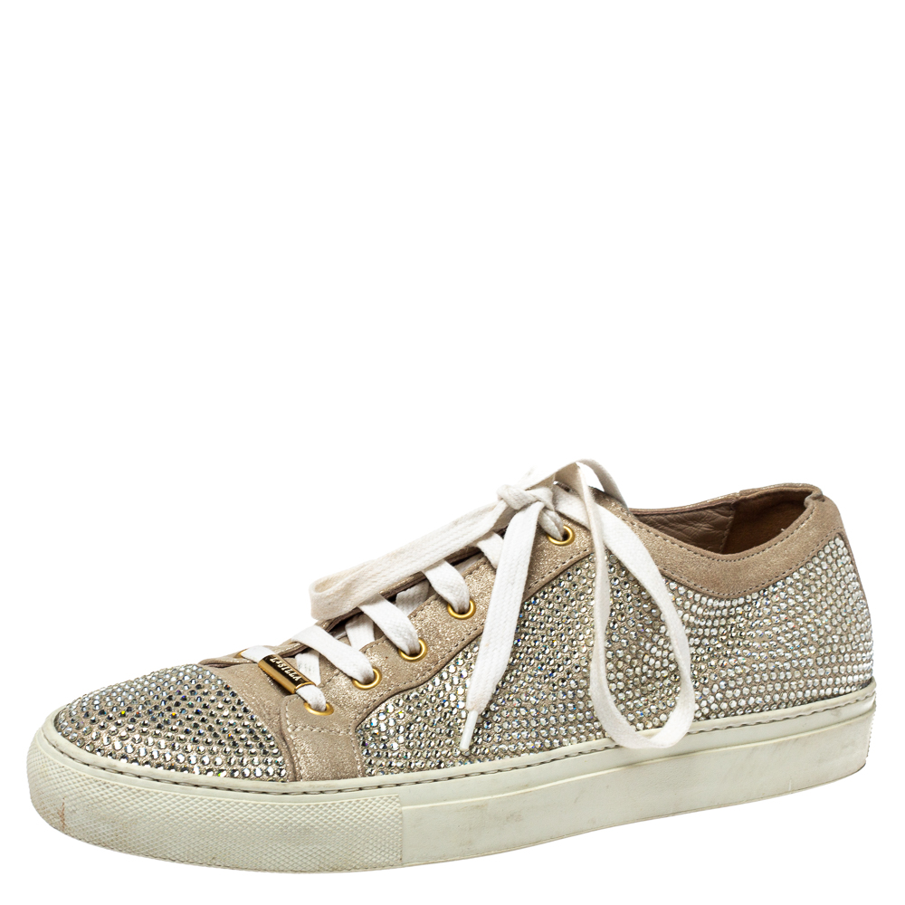luxury-men-le-silla-used-shoes-p368048-003 Le Silla Metallic Beige Crystal Embellished Suede Low Top Sneakers Size 41