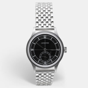 longines black silver stainless steel heritage l2.828.4.53.6 men's wristwatch 38 mm