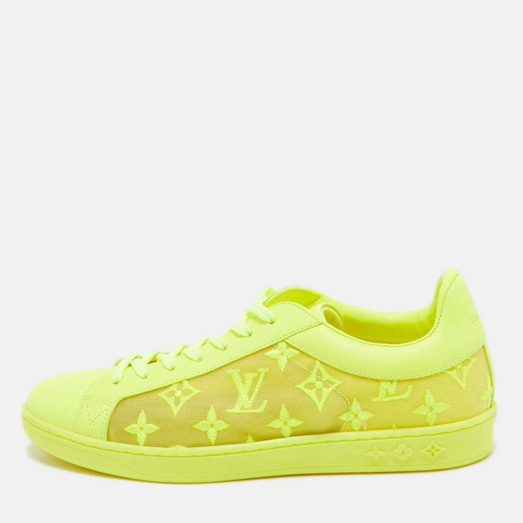 luxury-men-louis-vuitton-new-shoes-p917471-001 Louis Vuitton Neon Yellow Leather and Monogram Embroidered Mesh Luxembourg Sneakers Size 40