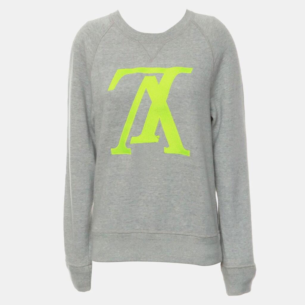 luxury-men-louis-vuitton-used-clothes-p1101028-003 Louis Vuitton Light Grey, Neon Green Logo Embroidered Sweater SZ S