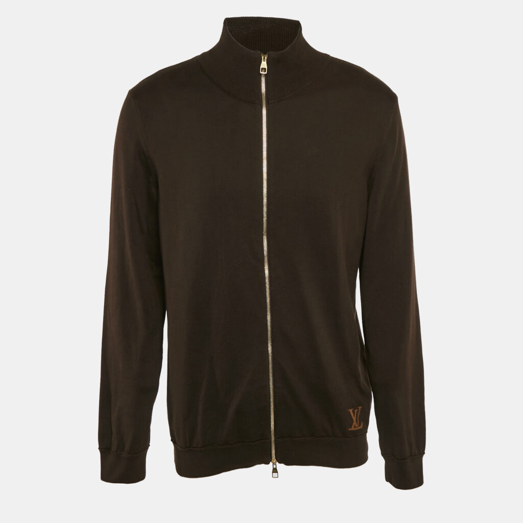 luxury-men-louis-vuitton-used-clothes-p1114220-001 Louis Vuitton Brown Cotton Knit Zip-Up Jacket XL